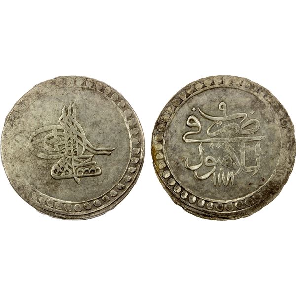 TURKEY: Mustafa III, 1757-1774, AR kurush, Islambul, AH1171 year 9, AU