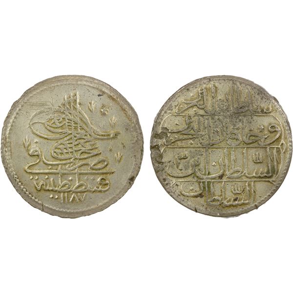 TURKEY: Abdul Hamid I, 1774-1789, AR 20 para, Kostantiniye, AH1187 year 3, EF