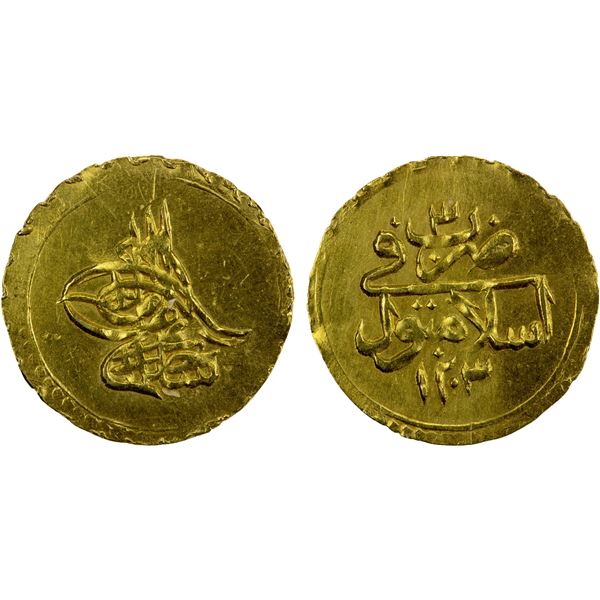 TURKEY: Selim III, 1789-1807, AV ¼ sultani (0.87g), Islambul, AH1203 year 3, AU