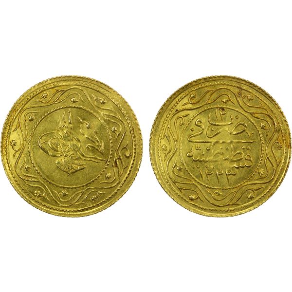 TURKEY: Mahmud II, 1808-1839, AR 2 rumi altin (4.82g), Kostantiniye, AH1223 year 12, Unc