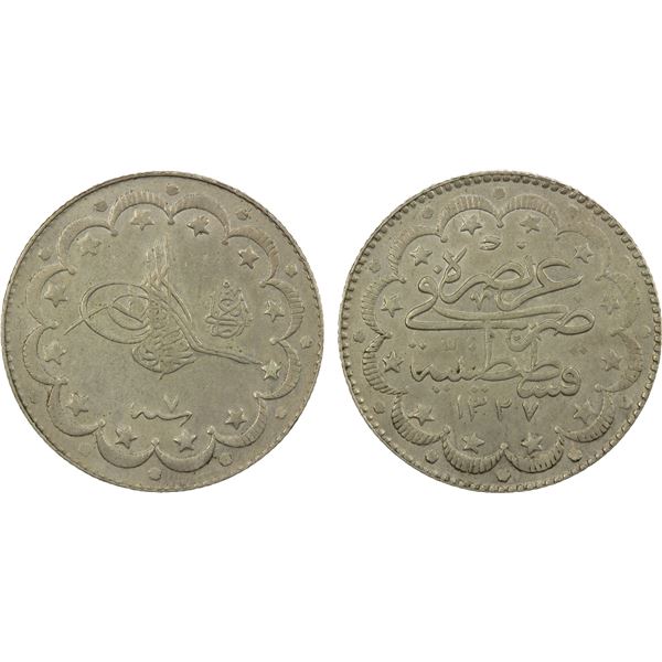 TURKEY: Mehmet V, 1909-1918, AR 10 kurush, Kostantiniye, AH1327 year 7, EF