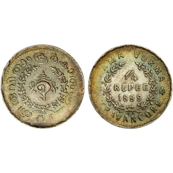 TRAVANCORE: Rama Varma VI, 1885-1924, AR 1/4 rupee, 1889, EF