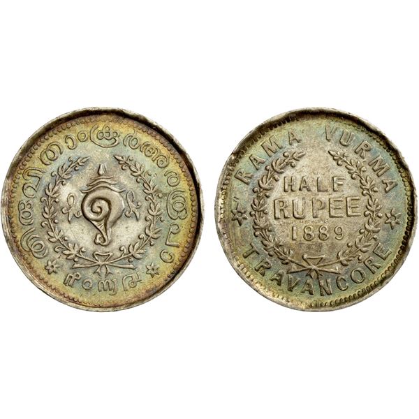 TRAVANCORE: Rama Varma VI, 1885-1924, AR 1/2 rupee, 1889, EF