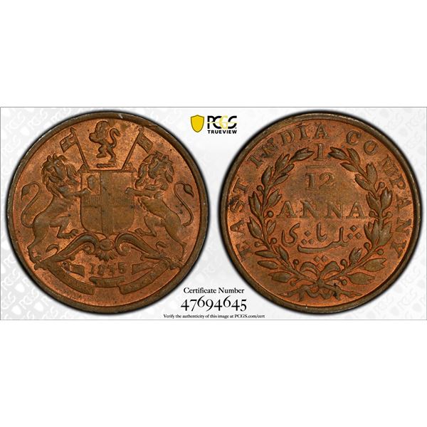 BRITISH INDIA: William IV, 1830-1837, AE 1/12 anna, 1835(m), PCGS MS64 RB