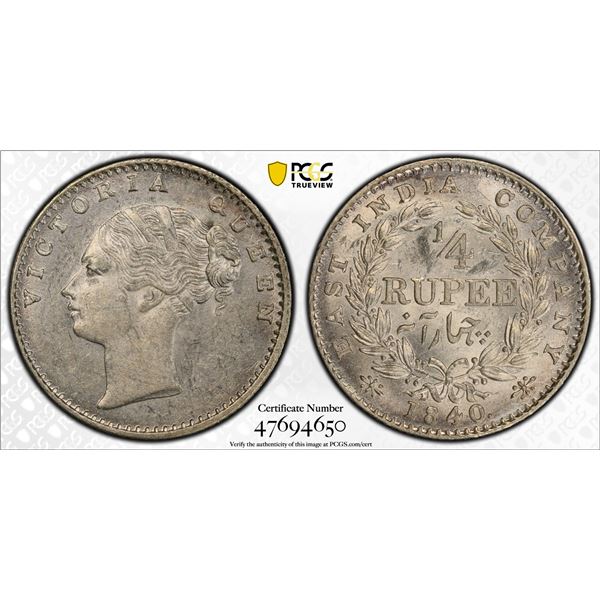 BRITISH INDIA: Victoria, Queen, 1837-1876, AR 1/4 rupee, 1840(c), PCGS AU58