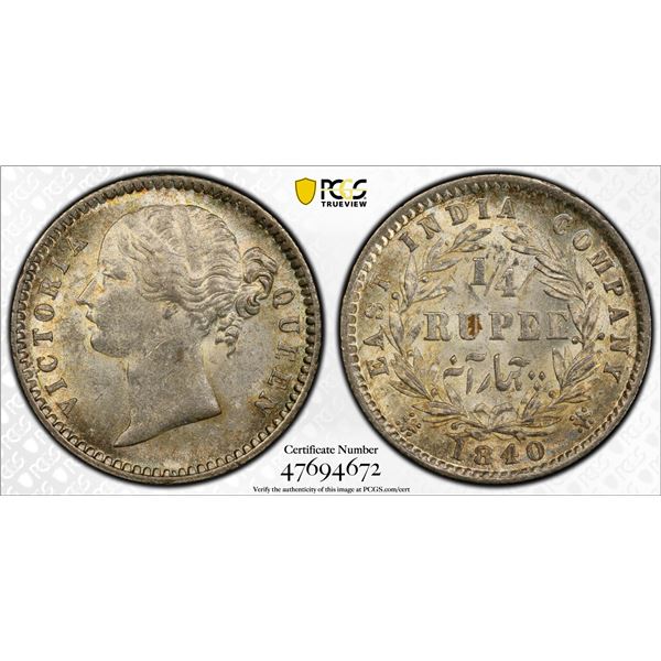 BRITISH INDIA: Victoria, Queen, 1837-1876, AR 1/4 rupee, 1840, PCGS MS63