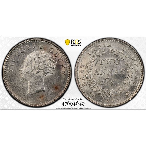 BRITISH INDIA: Victoria, Queen, 1837-1876, AR 2 annas, 1841(b), PCGS MS63