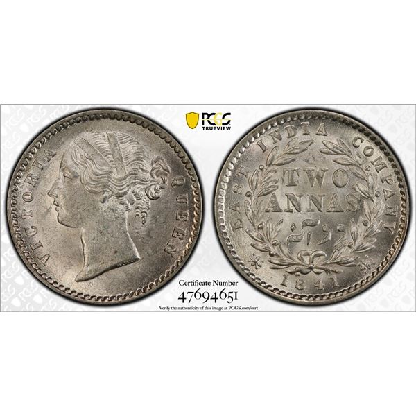 BRITISH INDIA: Victoria, Queen, 1837-1876, AR 2 annas, 1841(c), PCGS MS64