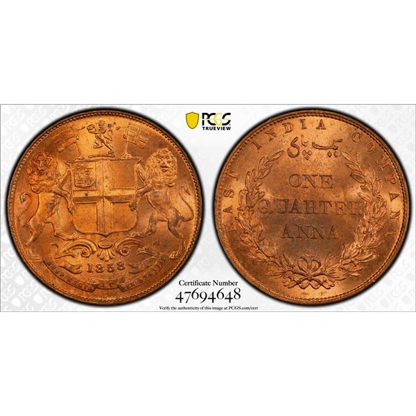 BRITISH INDIA: Victoria, Queen, 1837-1876, AE 1/4 anna, 1858(h), PCGS MS66 RB