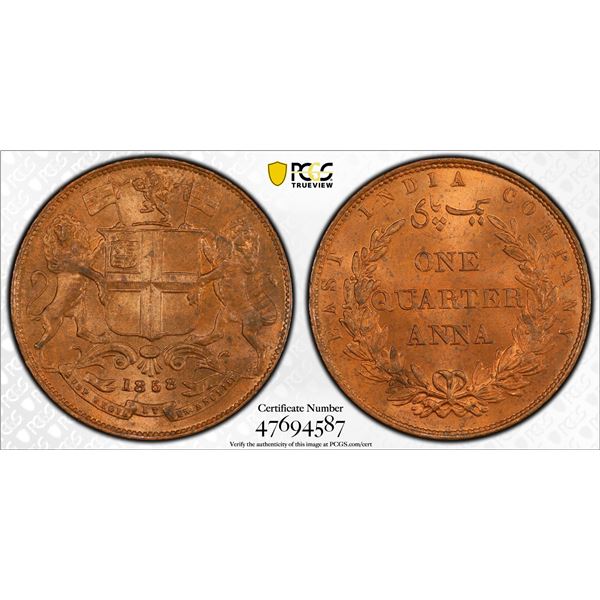BRITISH INDIA: Victoria, Queen, 1837-1876, AE 1/4 anna, 1858(h), PCGS MS64 RB