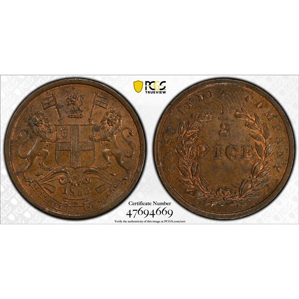 BRITISH INDIA: Victoria, Queen, 1837-1876, AE 1/2 pice, 1853(c), PCGS MS64 BN