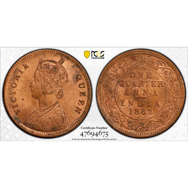 BRITISH INDIA: Victoria, Queen, 1837-1876, AE 1/4 anna, 1862(c), PCGS MS64 RB