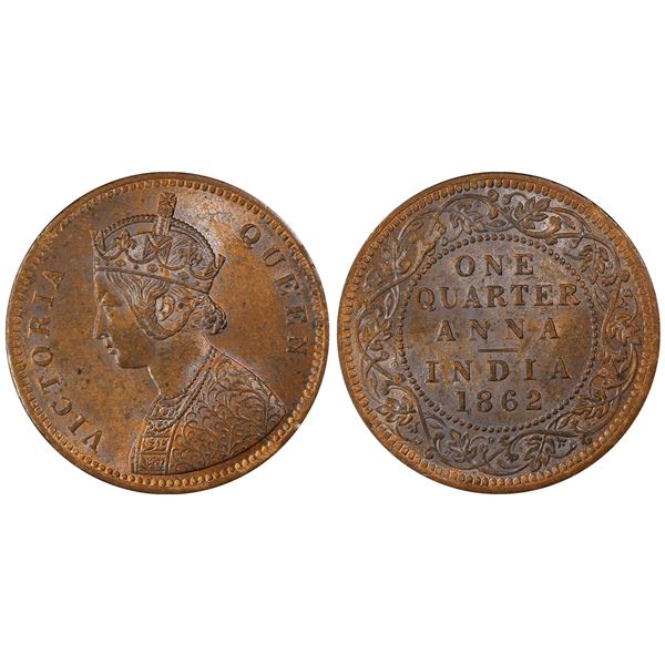 BRITISH INDIA: Victoria, Queen, 1837-1876, AE 1/4 anna, 1862(m), PCGS MS63 RB