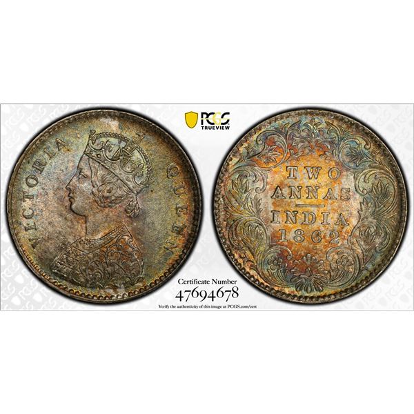 BRITISH INDIA: Victoria, Queen, 1837-1901, AR 2 annas, 1862(c), PCGS MS64