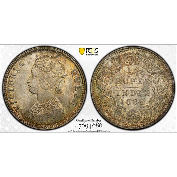 BRITISH INDIA: Victoria, Queen, 1837-1901, AR 1/4 rupee, 1862(c), PCGS MS65