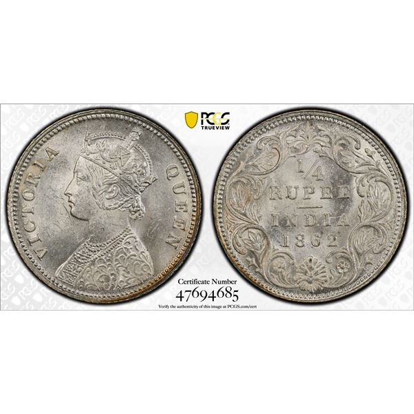 BRITISH INDIA: Victoria, Queen, 1837-1901, AR 1/4 rupee, 1862(c), PCGS MS63