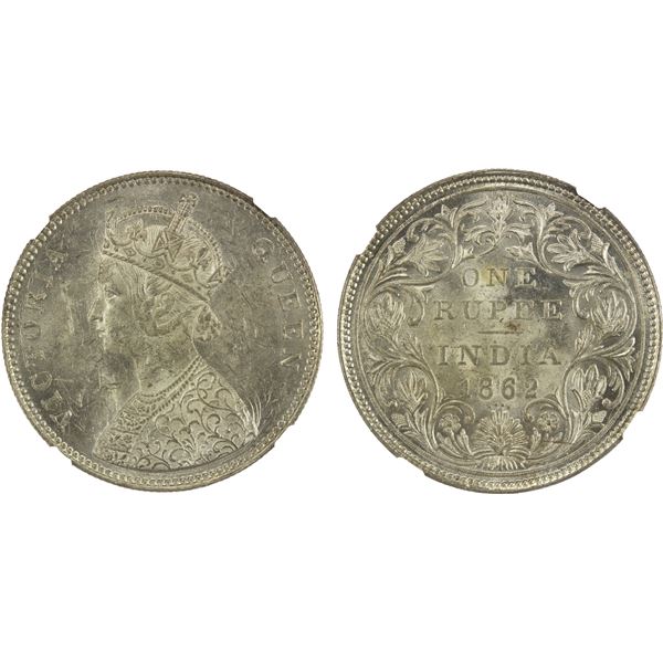 BRITISH INDIA: Victoria, Queen, 1837-1876, AR rupee, 1862(b), NGC MS62