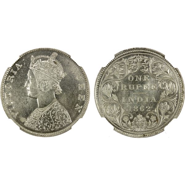 BRITISH INDIA: Victoria, Queen, 1837-1876, AR rupee, 1862(m), NGC MS62