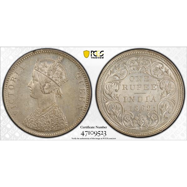 BRITISH INDIA: Victoria, Queen, 1837-1876, AR rupee, 1862(c), PCGS AU58