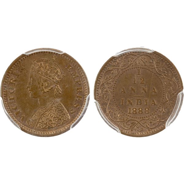 BRITISH INDIA: Victoria, Empress, 1876-1901, AE 1/12 anna, 1888(b), PCGS MS64 RB