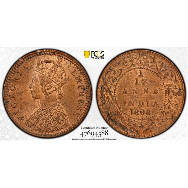 BRITISH INDIA: Victoria, Empress, 1876-1901, AE 1/12 anna, 1898(c), PCGS MS64 RB