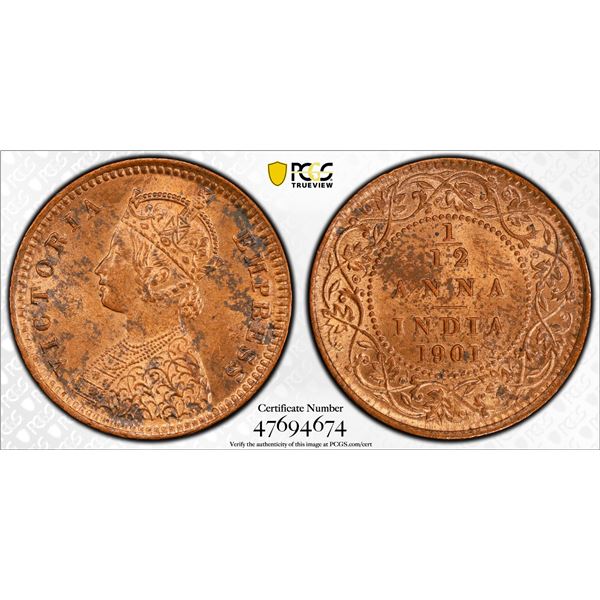 BRITISH INDIA: Victoria, Empress, 1876-1901, AE 1/12 anna, 1901(c), PCGS MS63 RB