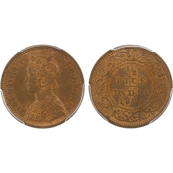 BRITISH INDIA: Victoria, Empress, 1876-1901, AE 1/2 pice, 1894(c), PCGS MS64 RB