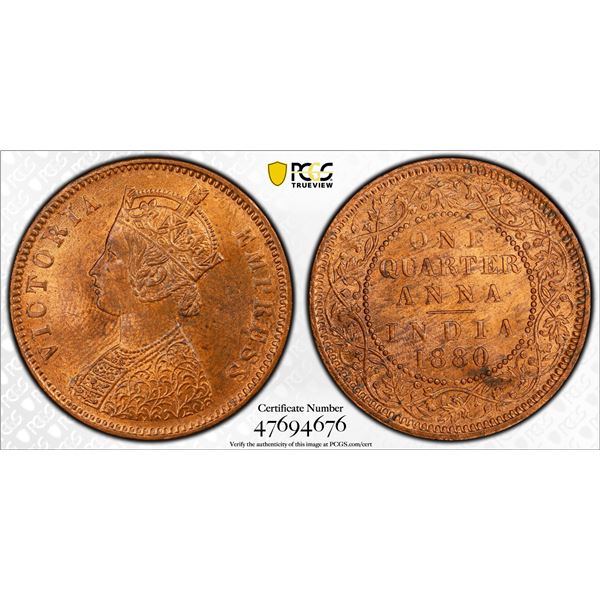 BRITISH INDIA: Victoria, Empress, 1876-1901, AE 1/4 anna, 1880(c), PCGS MS64 RB