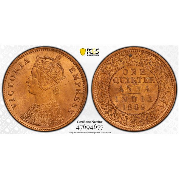 BRITISH INDIA: Victoria, Empress, 1876-1901, AE 1/4 anna, 1889(c), PCGS MS65 RB