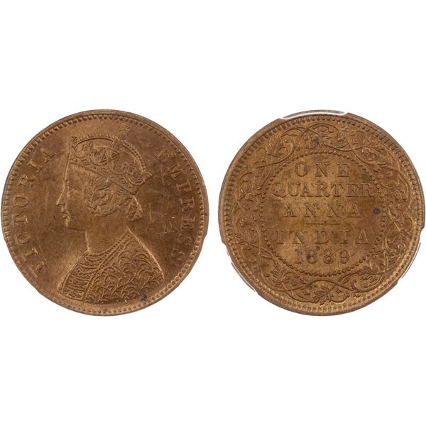 BRITISH INDIA: Victoria, Empress, 1876-1901, AE 1/4 anna, 1889(c), PCGS MS64 RD