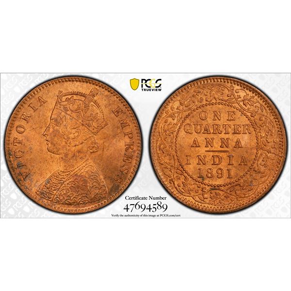 BRITISH INDIA: Victoria, Empress, 1876-1901, AE 1/4 anna, 1891(c), PCGS MS64 RB