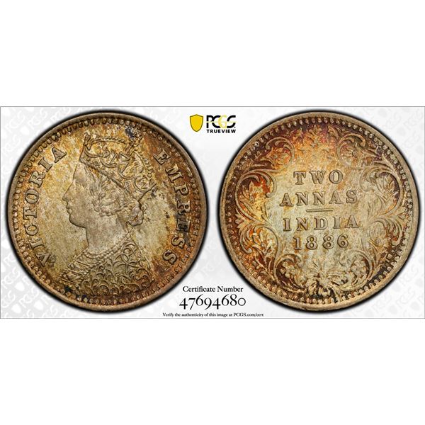 BRITISH INDIA: Victoria, Empress, 1876-1901, AR 2 annas, 1886-B, PCGS MS65