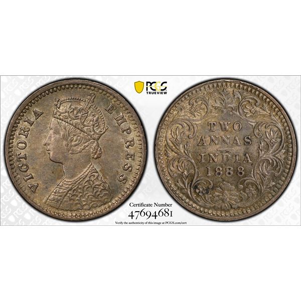 BRITISH INDIA: Victoria, Empress, 1876-1901, AR 2 annas, 1888-B, PCGS MS62