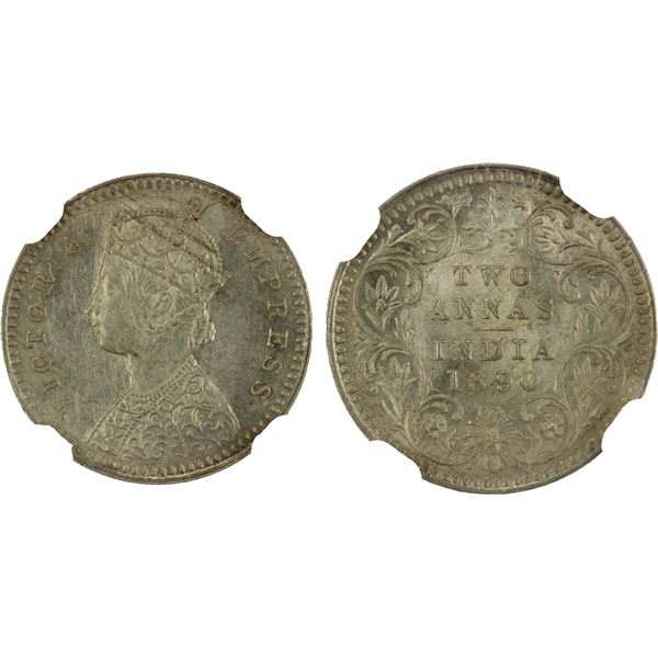 BRITISH INDIA: Victoria, Empress, 1876-1901, AR 2 annas, 1890-C, NGC MS62