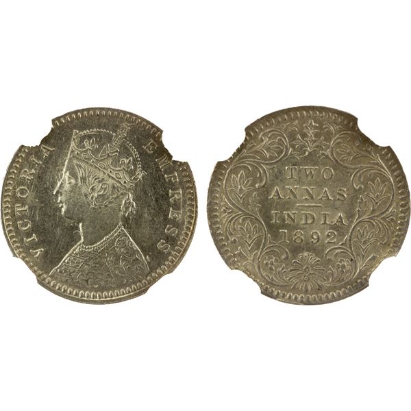 BRITISH INDIA: Victoria, Empress, 1876-1901, AR 2 annas, 1892-C, NGC MS63