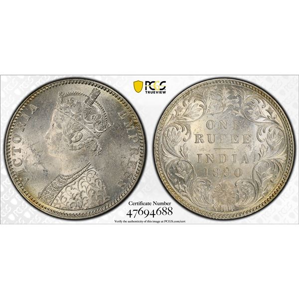 BRITISH INDIA: Victoria, Empress, 1876-1901, AR rupee, 1890-B, PCGS MS62
