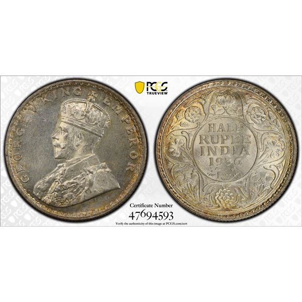 BRITISH INDIA: George V, 1910-1936, AR 1/2 rupee, 1936(c), PCGS MS65