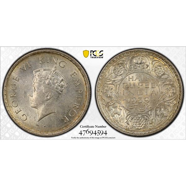 BRITISH INDIA: George VI, 1936-1947, AR 1/2 rupee, 1939(c), PCGS MS63