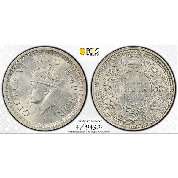 BRITISH INDIA: George VI, 1936-1947, AR 1/2 rupee, 1945(b), PCGS MS62