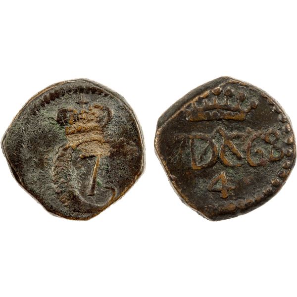 DANISH INDIA: Christian VII, 1766-1808, AE 4 cash, Tranquebar, 1768, Fine