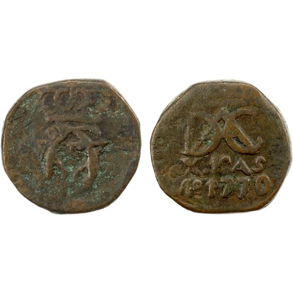 DANISH INDIA: Christian VII, 1766-1808, AE 10 cash, Tranquebar, 1770, VG