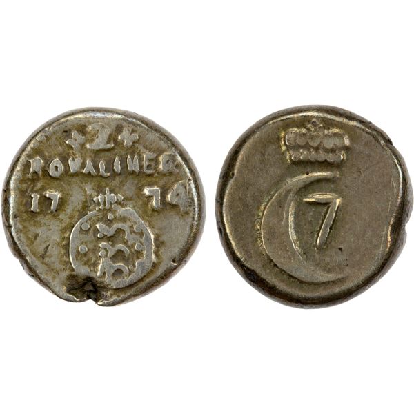 DANISH INDIA: Christian VII, 1766-1808, AR 2 royaliner (2.65g), Tranquebar, 1774, F-VF