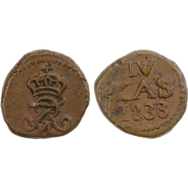 DANISH INDIA: Frederick VI, 1808-1839, AE 4 cash, Tranquebar, 1833, VF