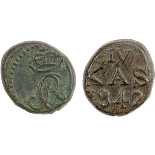 DANISH INDIA: Christian VIII, 1839-1848, AE 4 cash, Tranquebar, 1842, VF-EF