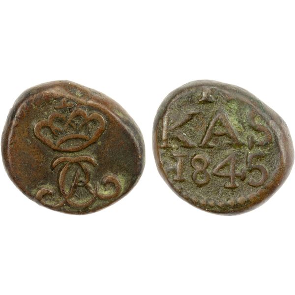 DANISH INDIA: Christian VIII, 1839-1848, AE 4 cash, Tranquebar, 1845, VF