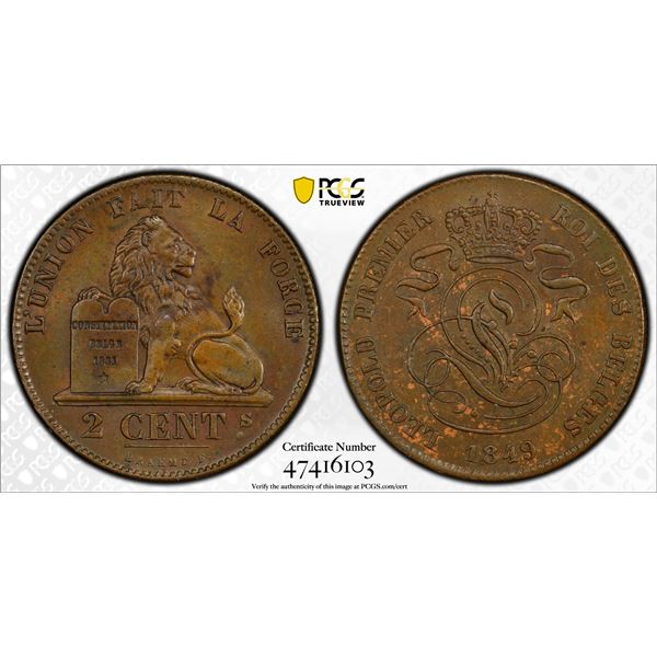 BELGIUM: Leopold I, 1831-1865, AE 2 centimes, 1849, PCGS MS63 BN