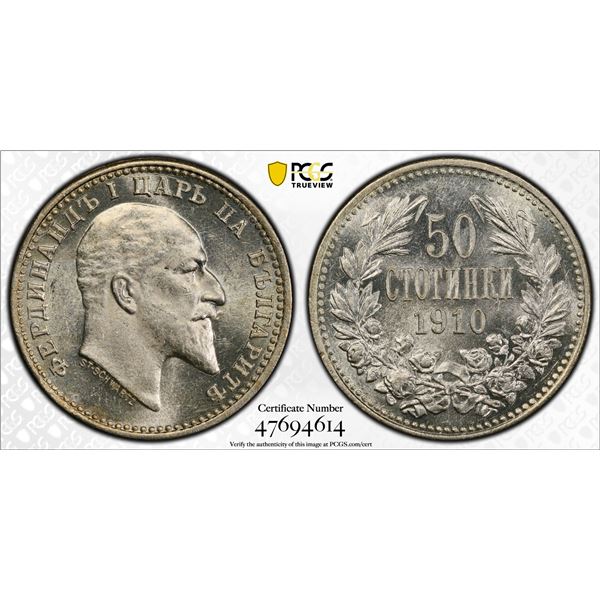 BULGARIA: Ferdinand I, 1887-1918, AR 50 stotinki, 1910, PCGS MS63