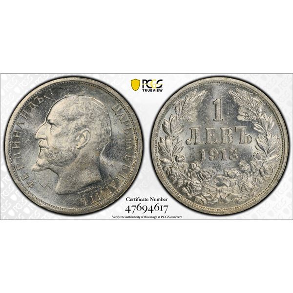 BULGARIA: Ferdinand I, 1887-1918, AR lev, 1913, PCGS MS62