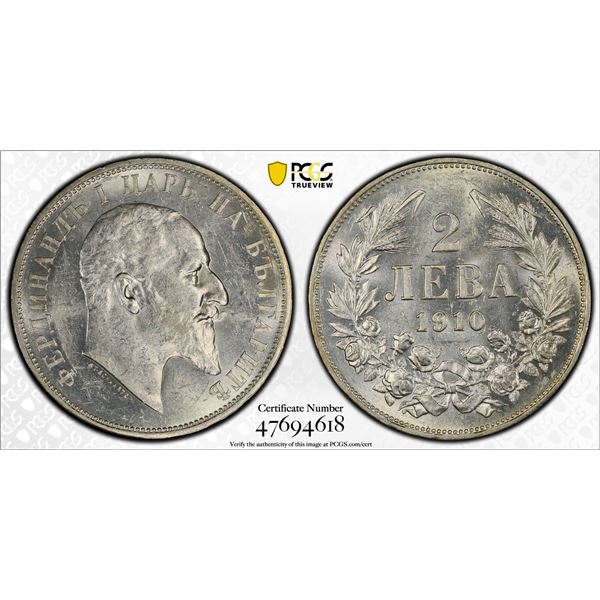 BULGARIA: Ferdinand I, 1887-1918, AR 2 leva, 1910, PCGS AU58