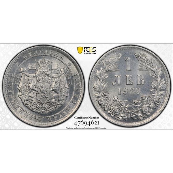 BULGARIA: Boris III, 1918-1943, 1 lev, 1923, PCGS MS67
